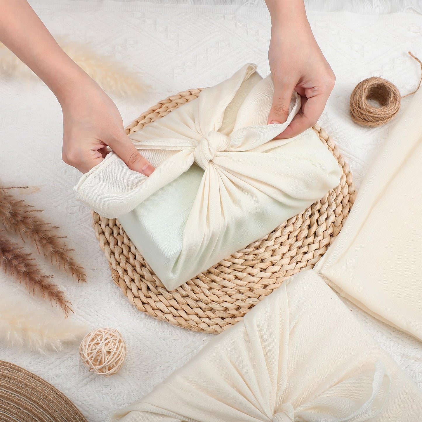 Hillsuren 6 Pack 24'' Reusable Gift Wrap Cloth Linen-cotton Gift Wrapping Fabric for Housewarming Furoshiki Gifts Wedding Birthday DIY Crafts Party (Cream White)