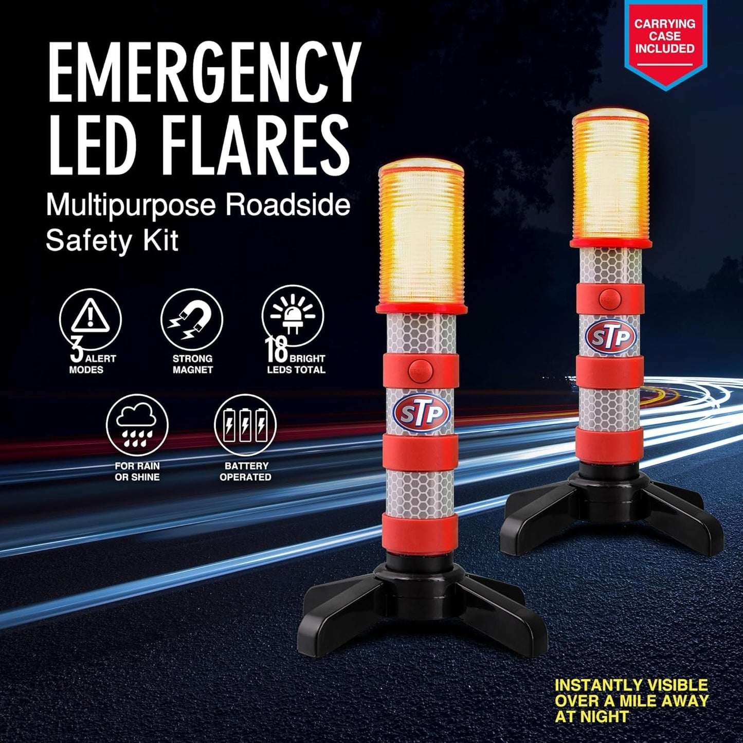 XTREME STP LED Road Flares, 3 Alert Lighting Modes: Flashing Red, Solid Red & White Flashlight, Emergency Flares for Vehicles, Visible From Up To A Mile, Foldable Stand/Built-In Magnet Sticks To Car