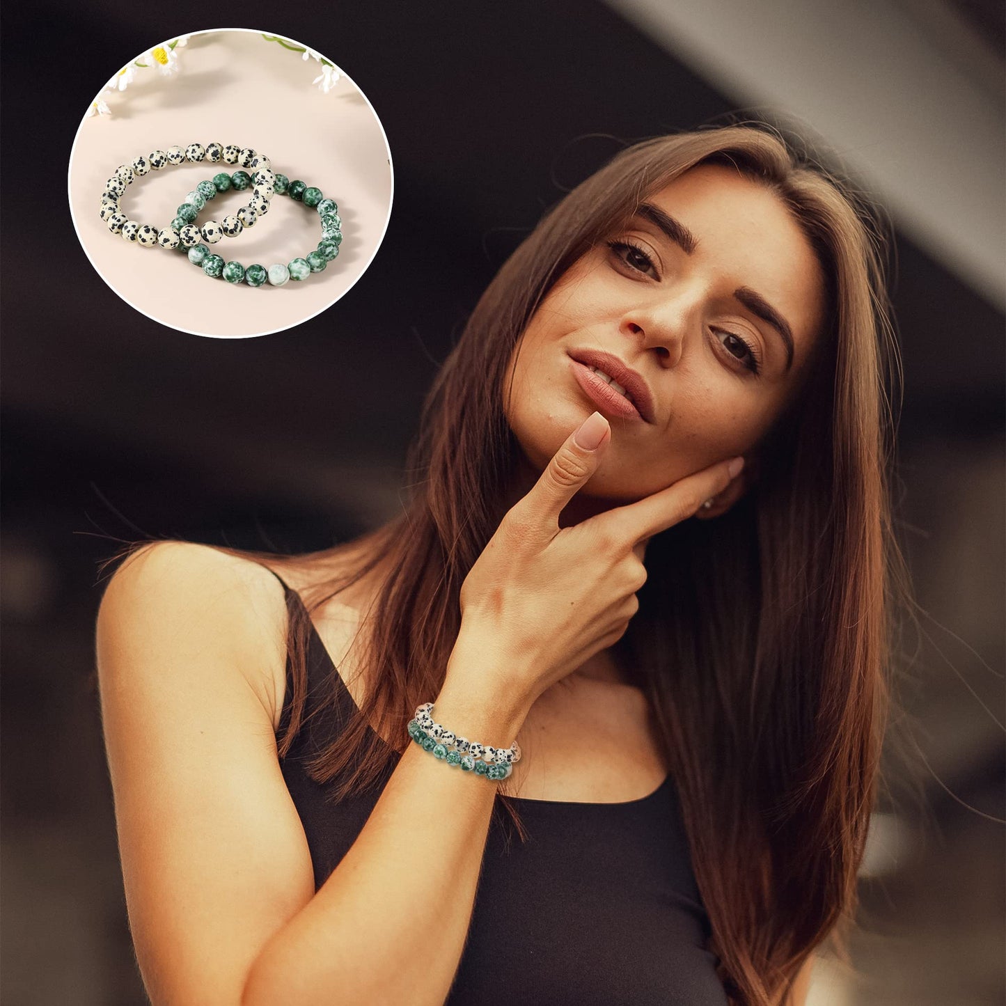 Bivei Natural Gemstone Semi Precious Crystals Handmade Stretchy Round Beads Bracelet, Enhance Positive Energy,Stocking Stuffers for Women(Dalmatian Jasper & Green Jasper (Inner Strength) Medium)