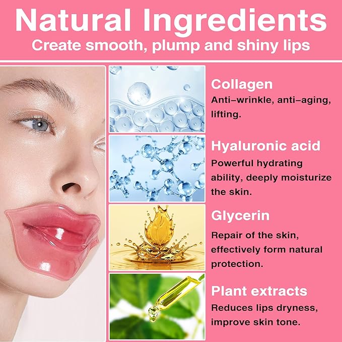 30Pcs Moisturizing Collagen Crystal Lip Mask, Lip Care Gel Pads for Dry Lips, Lip Patches, Reduce lip Wrinkles, Remove Chapped Skin, Firming & Hydrating & Plumping Your Lips（Pink）