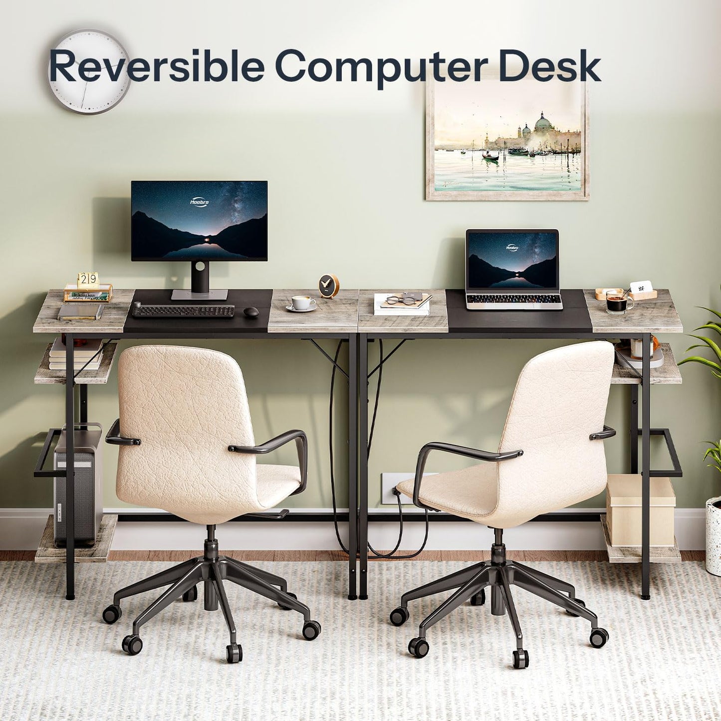 HOOBRO Computer Desk, Home Office Desk with Power Outlet, Writing Desk with 2 Shelves, Modern Small Desk for Home Office, Study, Easy to Assemble, Charcoal Gray and Black BG43UDN01