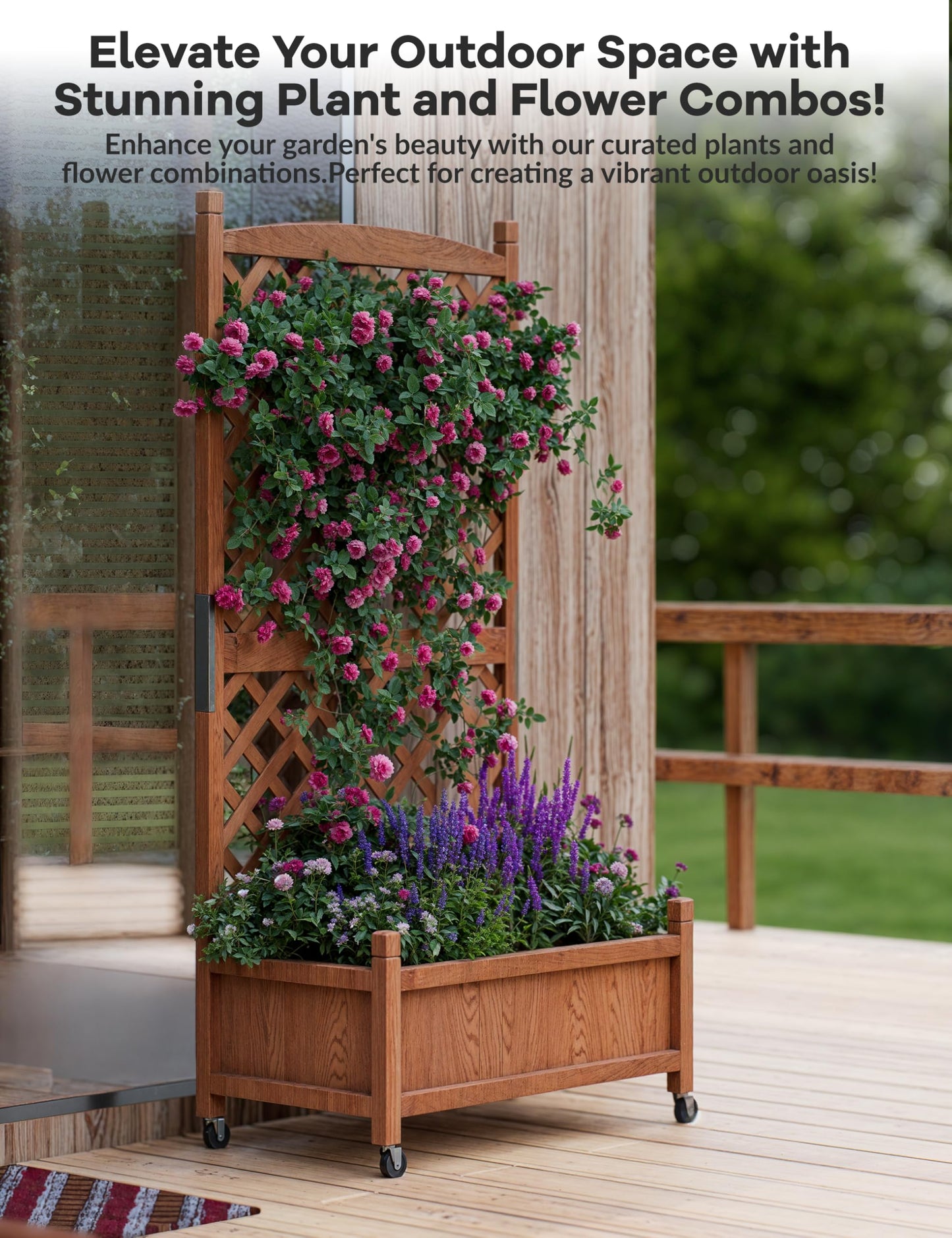 GarveeLife 2-Pack Tall Wood Planter Box with Trellis, 61.5" H Raised Garden Bed on Wheels, Vertical Stand Planter with Drainage Holes for Patio, Balcony & Outdoor Garden