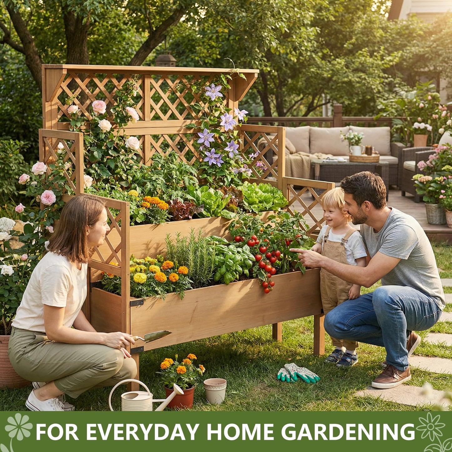 Raised Garden Bed with Trellis, 2-Tier Elevated Planter Box, Wooden Outdoor Planter for Vegetables Herbs Flowers, Lattice Back for Climbing Plants, Modern Minimal Design for Patio Balcony Backyard