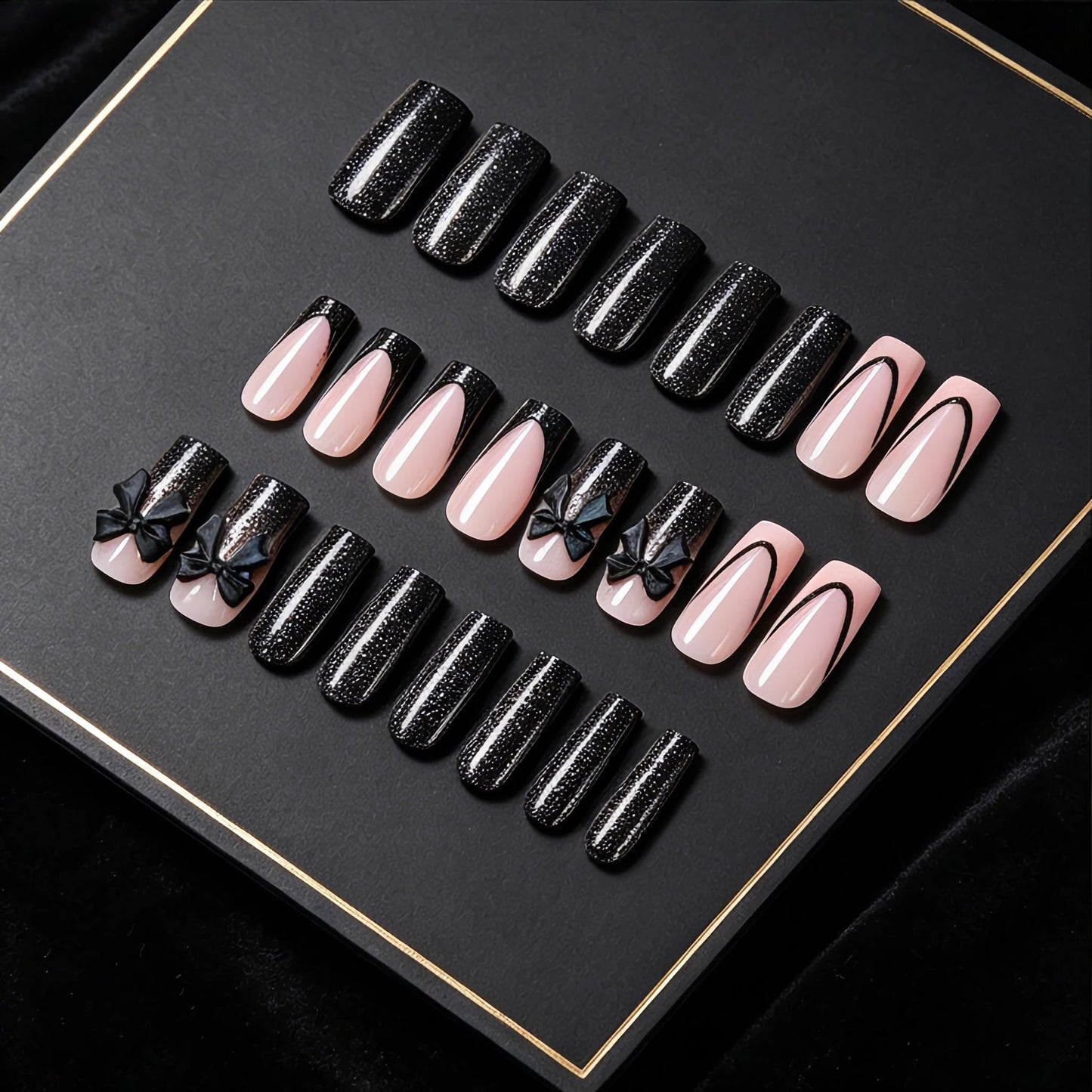 BABALAL Press On Nails, Long Square Fake Nails, Black French Tip, Bow Charm & Glitter Design, Gothic Trendy Glossy Full Cover Glue On Nails For Women And Girl 24Pcs