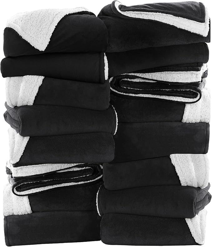 IR Imperial Rooms Black Sherpa Fleece Throw Blanket for Bed - Wholesale Bulk Pack of 16 Sherpa Blankets - Soft Fluffy Throw Blankets for Hotels, Guest Bedroom, 50x60 Inches