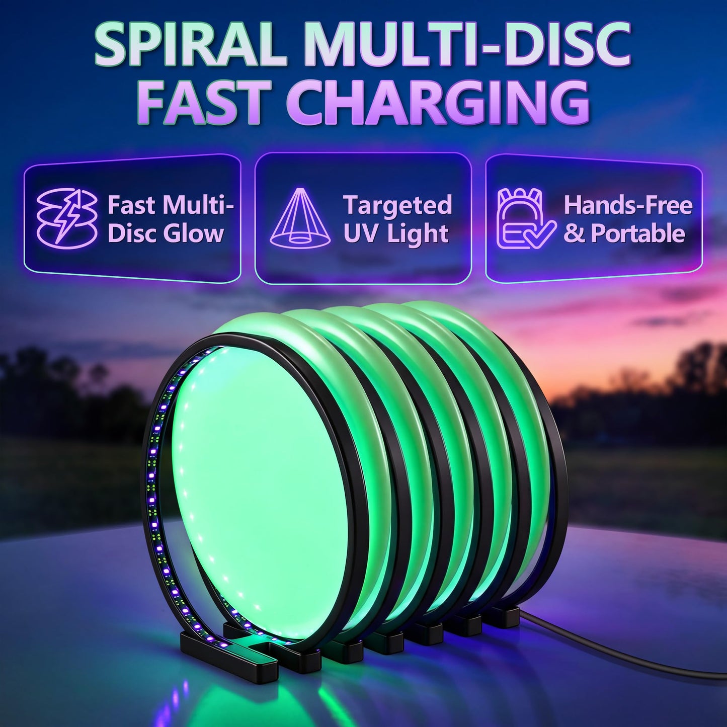 ElectricWise Spiral Disc Golf UV Charging Station, Fast Multi Disc Charging for Luminous Glow Discs, USB Powered Portable Night Play Accessory, Hands Free for Outdoor Practice & Tournaments