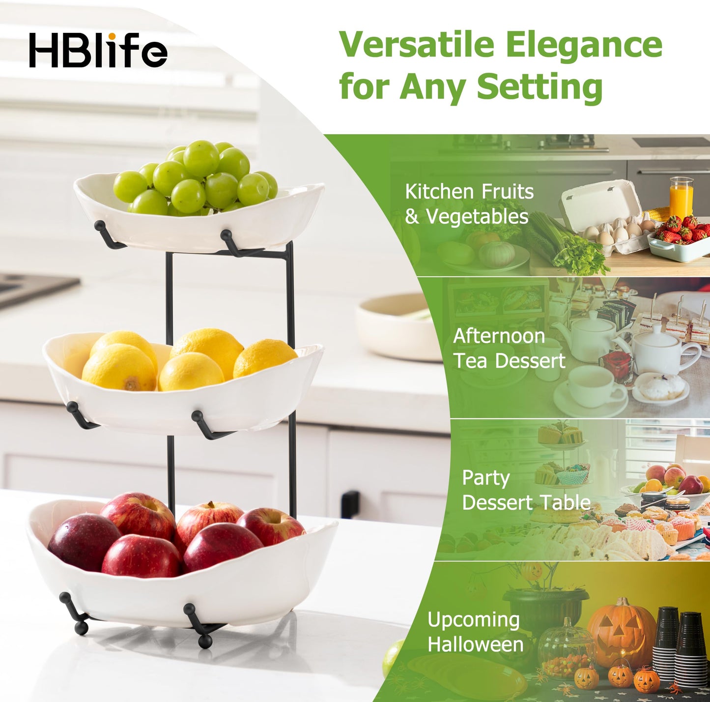 HBlife Fruit Bowl for Kitchen Counter - 3 Tier Ceramic Fruit Rack, Fruit Basket for Fresh Fruit&Veggies, Tiered Fruit Platter Serving Trays for Party