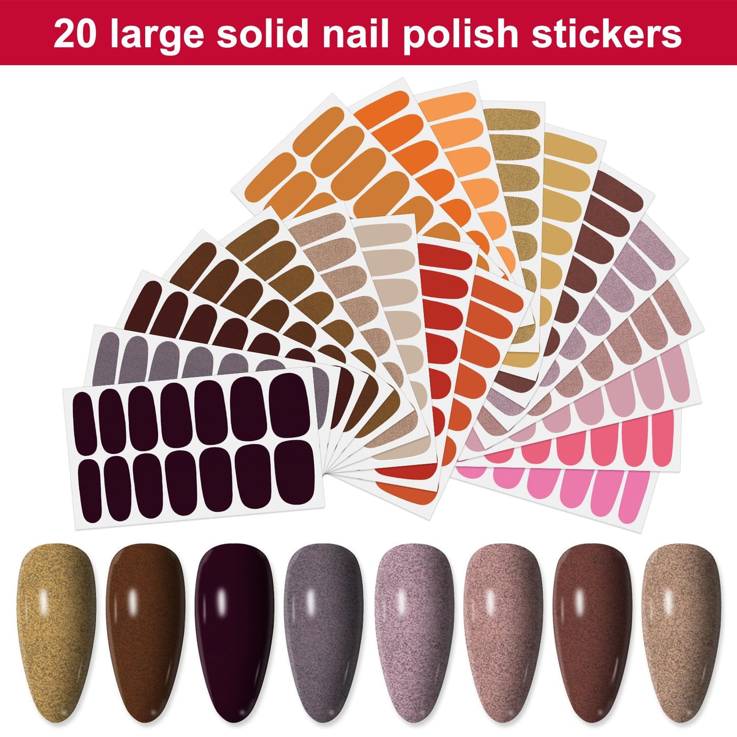 YECIRALA 20 Sheets 280 Pieces Solid Nail Polish Strips for Women Girls - Gel Stickers Full Wraps in Pink Brown Orange With File - Stick On Nails