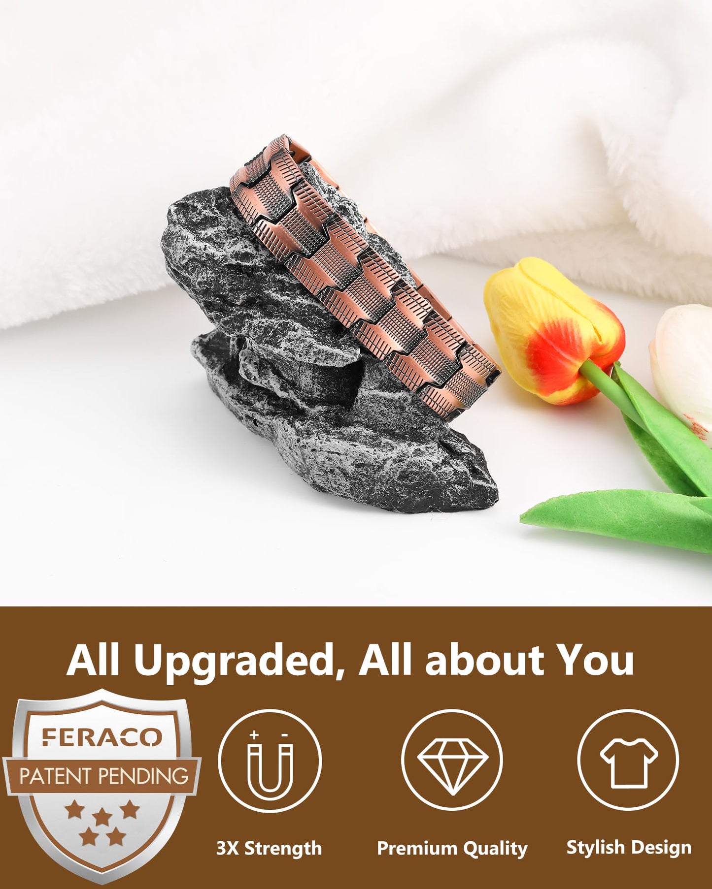 Feraco Copper Bracelet for Men, 3X Strength Magnetic Therapy Cooper Bracelet with Powerful 3800 Gauss Magnets,Copper Jewelry with Tyre-Carved Pattern