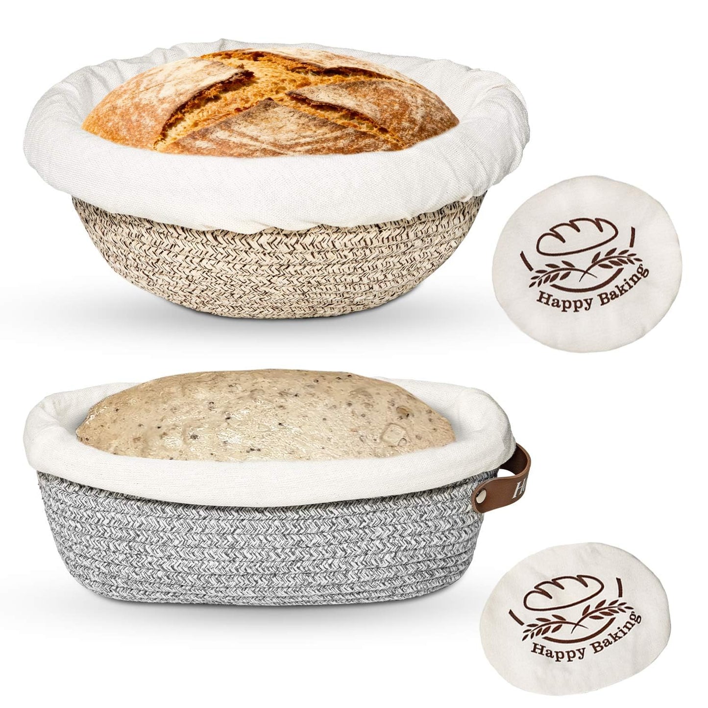 Sourdough Proofing Basket - Banneton Bread Proofing Basket, 9" Round & 10" Oval Cotton Rope Banneton Basket Set with Liners & Covers for Bread Baking