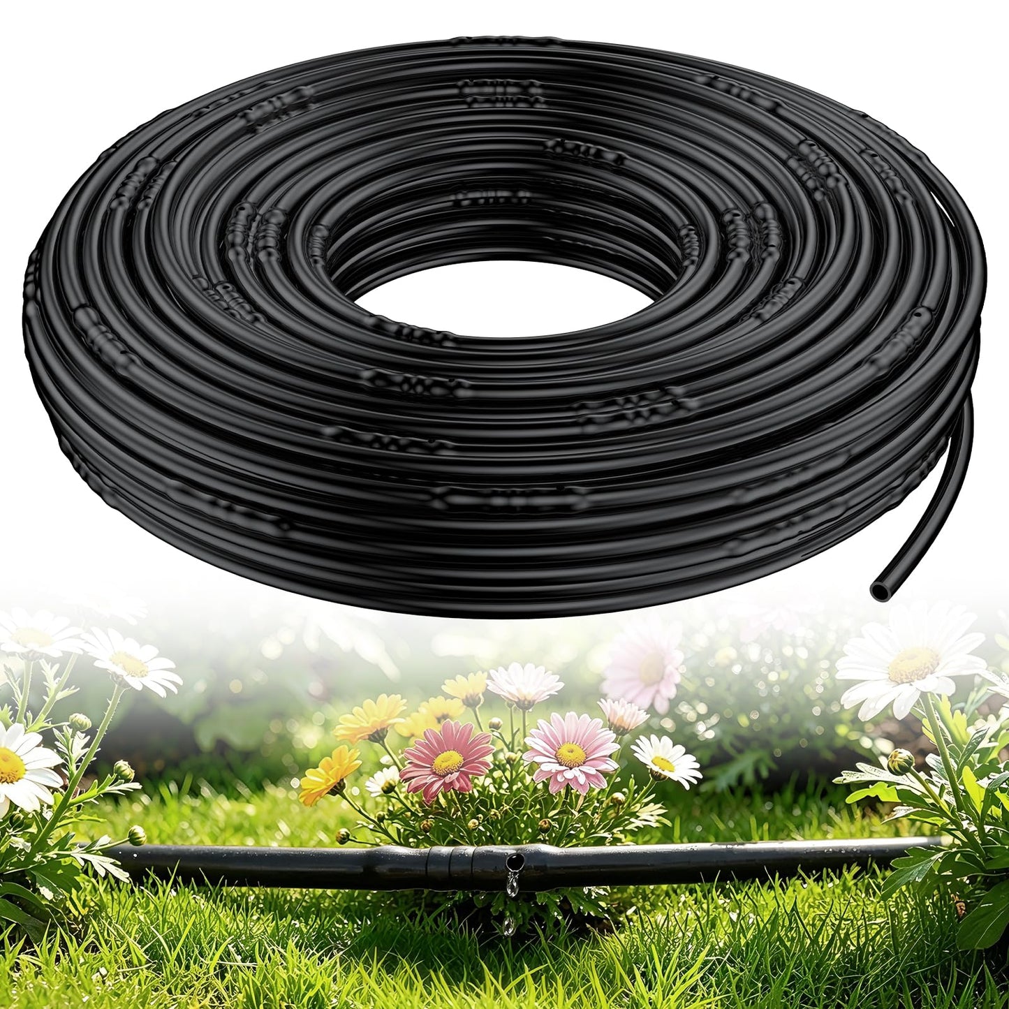 Pawfly 100 ft. 1/4" PE Irrigation Dripline Tubing, Black Polyethylene Distribution Line, Quick-Connect Compatible Drip Hose for Small Garden & Potted Plants
