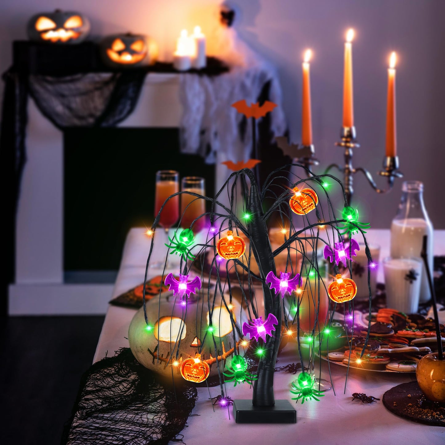 Halloween Table Decor 18 Inch 36 LED Halloween Willow Tree with Pumpkin Bat Spider Lights, Timer/USB/Battery Operated Black Halloween Tree Spooky Halloween Decorations Indoor for Home Party Room Gifts