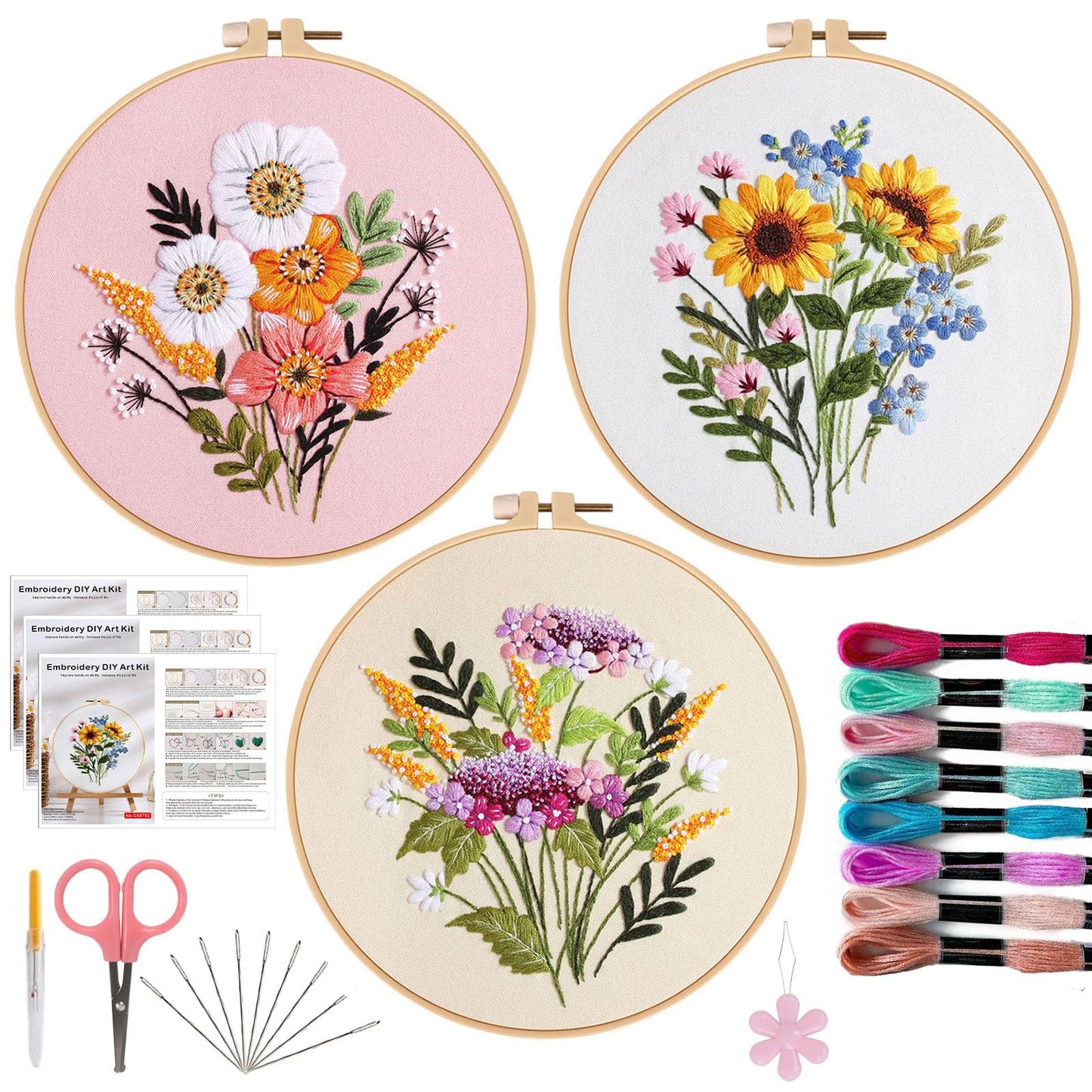 Offizon 3 PCS Embroidery Kit for Beginners - Cross Stitch DIY Craft Set, Flower Embroidery Accessories & Hoop Included, Hand Embroidery Kit for Adults Stitching Sewing Kit Gift | FlowerB Patterns