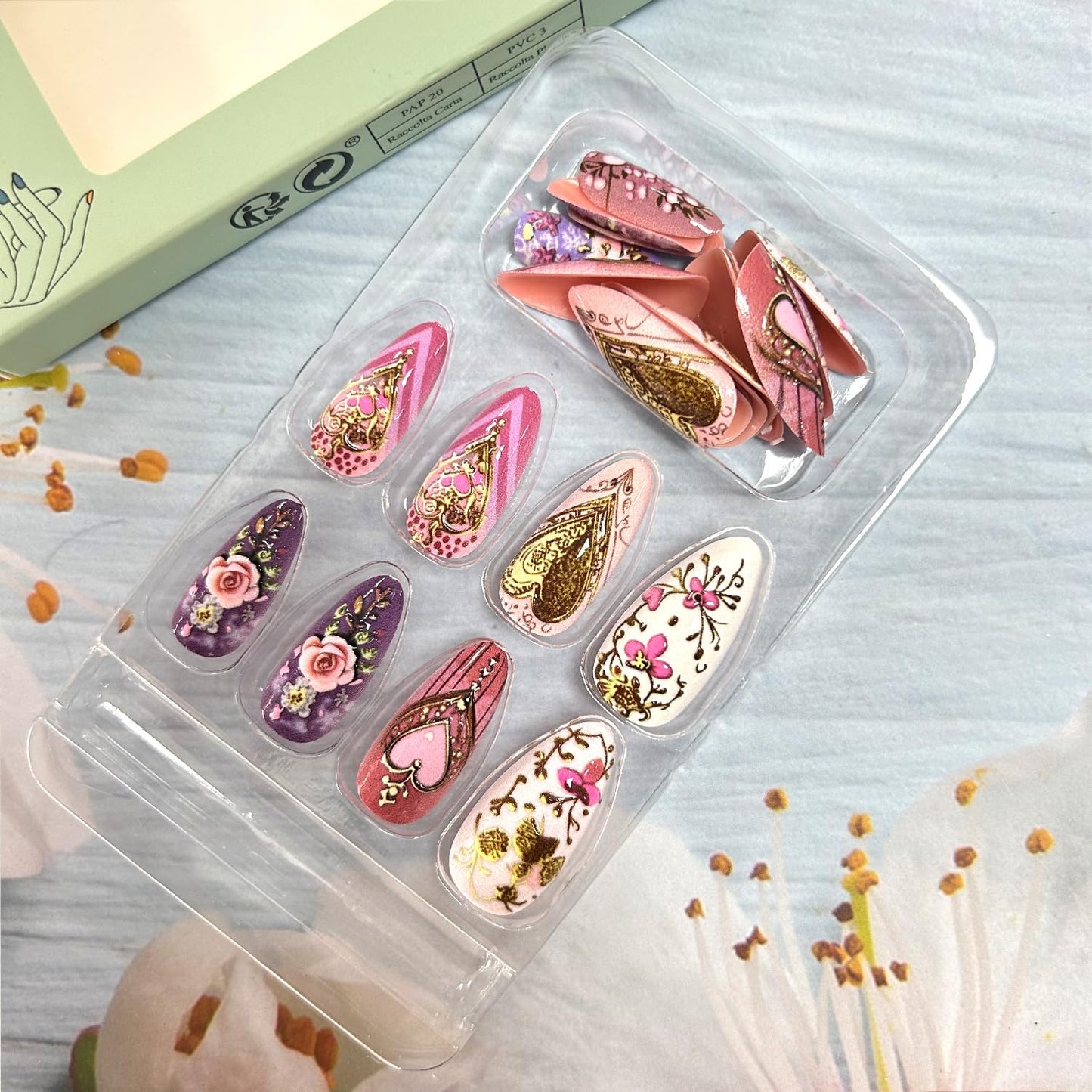CJDLTS Gold Love Heart Press on Nails Almond Shaped Flower Rose Pattern Design Colorful Press Ons Acrylic Fake Nail Full Cover Glossy Artificial Fingernails Blossom Stick on Nails for Women 24Pcs