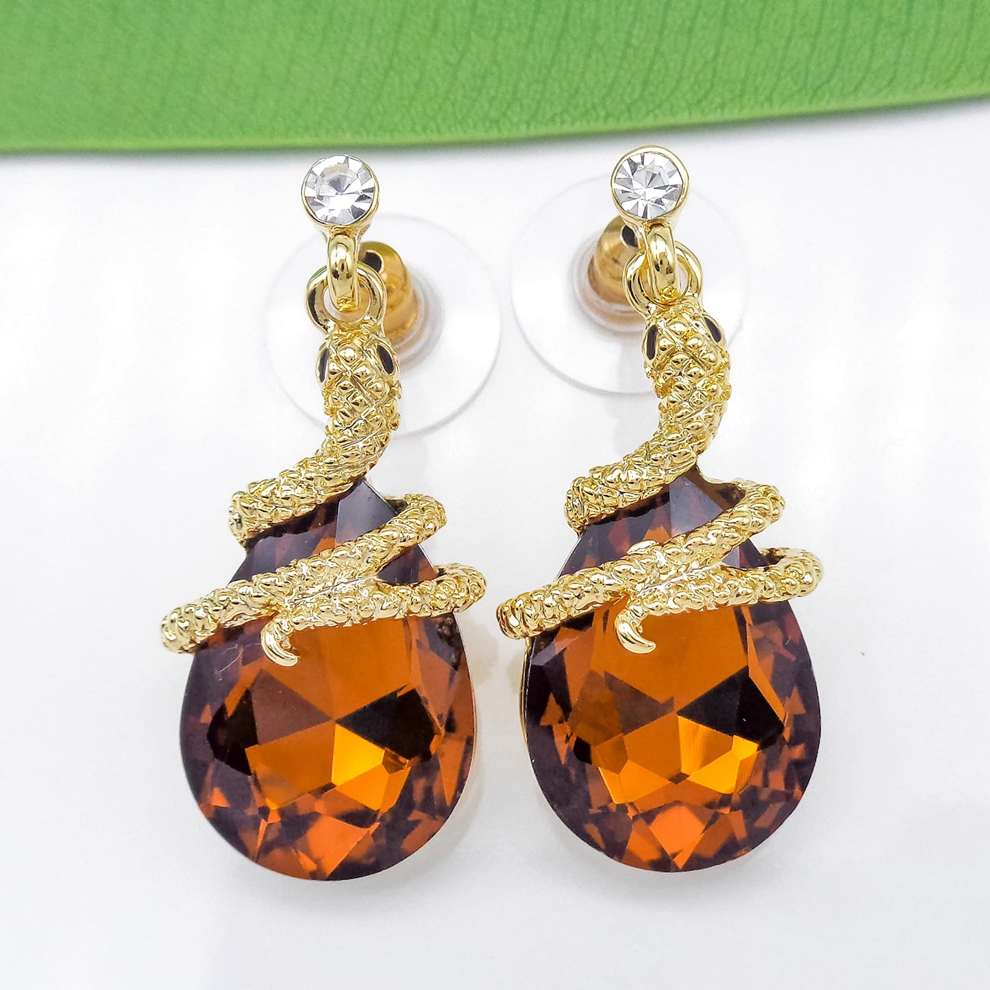 Navachi 18k Gold Plated Crystal Dark Brown Zircon Snake Drop Dangle Az1354 Stud Earrings