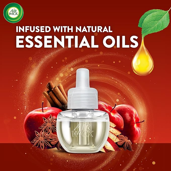 Air Wick Plug In Scented Oil Refill, Infused with Essential Oils, Plug In Air Fresheners for Home, Fall Scent, Fall Décor, Apple Cinnamon Medley, 4 ct