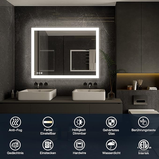 ISKM Framed LED Mirror for Bathroom 20"x28", Dimmable LED Bathroom Mirror with Lights, Anti-Fog, Front and Backlit Lighted Mirror 3-Colors, Shatterproof, Memory Function