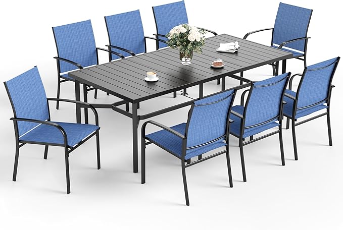 Patio Dining Set 9 PCS, 8 Stable Outdoor Dining Chairs with Rectangular Dining Table, Patio Table and Chairs Set for Lawn,Garden,Deck and Backyard