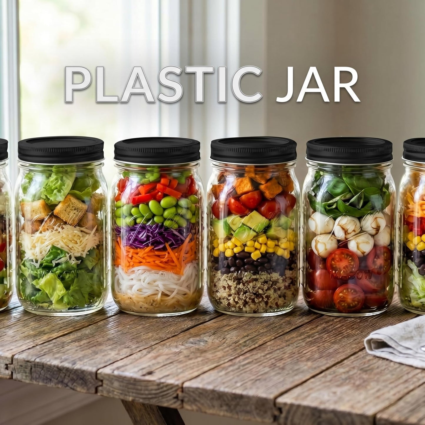 novelinks 32 oz Clear Plastic Jars with Lids, 6 Pack Large Plastic Mason Jars with Lids 32oz, Reusable Quart Containers for Kitchen Organization (6 Pack,Black)