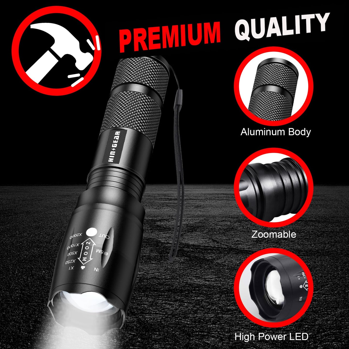 HinsGEAR 1 Mode Flashlights 4 Pack, Bright Zoomable LED Tactical Flashlight High Lumens, Water Resistant Portable Pocket Flash Light for Emergency, Camping Essentials, Gift - SL2000