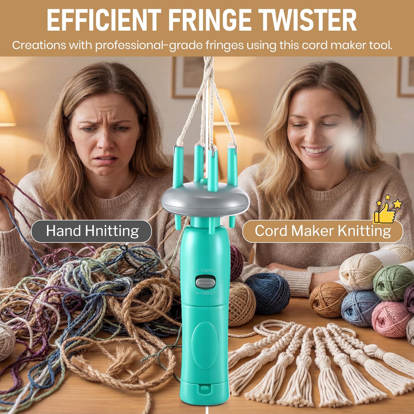 Gulfmew Portable Cord Maker & Fringe Twister, Handheld Yarn Crafting Tool for DIY Macrame & Knotting, Lightweight & Beginner-Friendly, Twisting Tassels in Seconds for Scarves(Green)