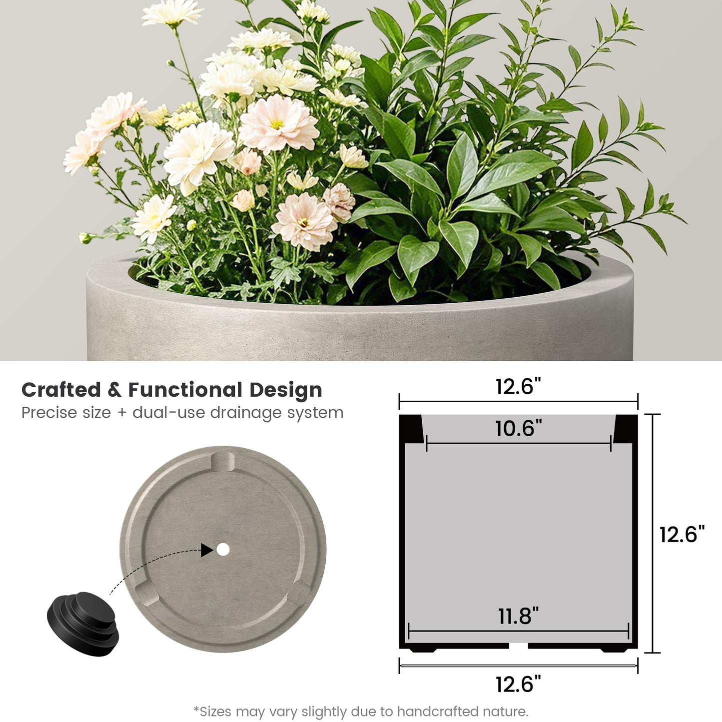 Kante 12.6" Concrete Cylinder Planter, Large Weather Resistant Concrete Planter with Drainage Hole & Rubber Plug, Handcrafted for Indoor Outdoor Plants & Patio Decor, Weathered Concrete Finish