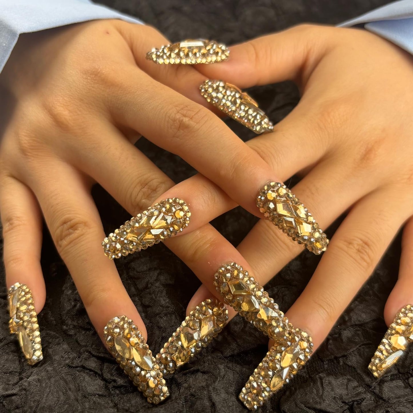 AKA Unicorn Trendy Handmade Press On Nails Long Square Shape,10Pcs Shimmery Large Acrylic Fake Nails with 3D Champagne Rhinestone Luxury Design Stick On Nail for Woman Gift