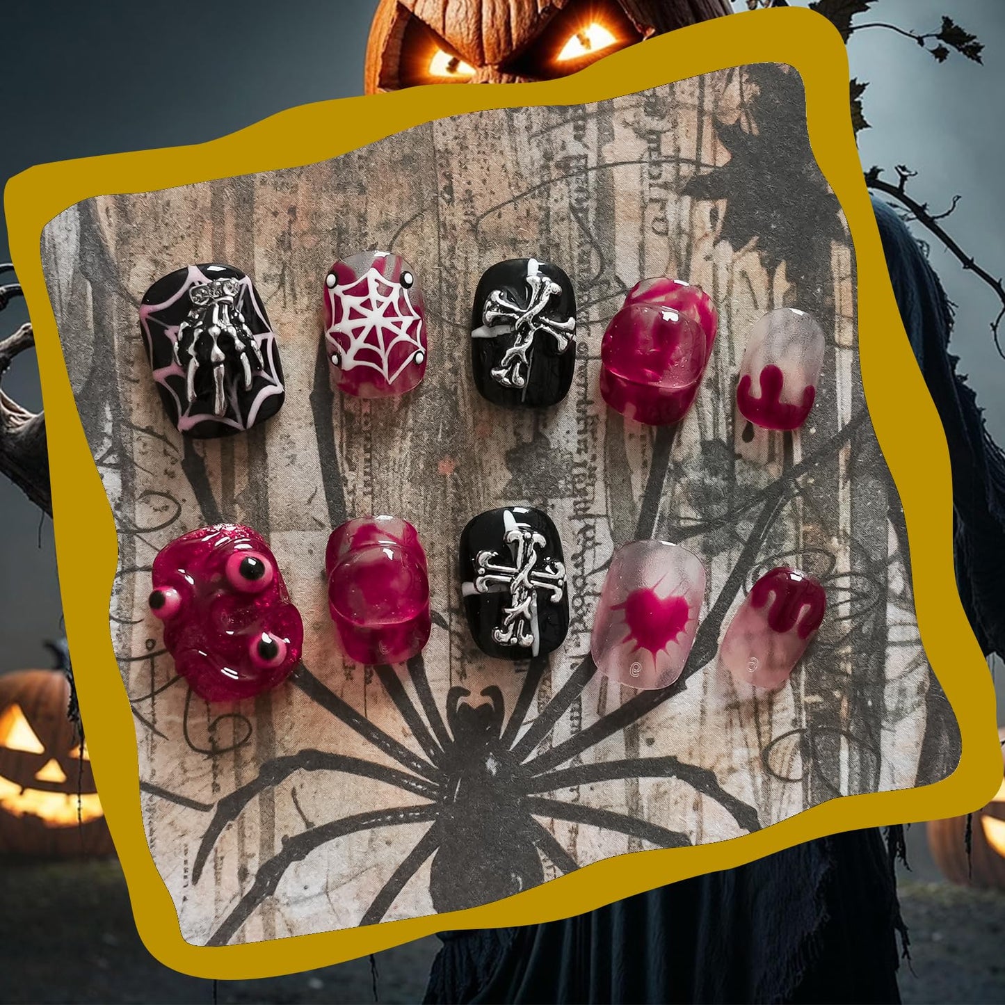 Handmade Goth Press on Nails Short Square - Red & Black 3D Spider Skeleton Charms, Edgy Alt Style Luxury False Nails, Salon Quality Reusable Thick Acrylic (Monster,M)