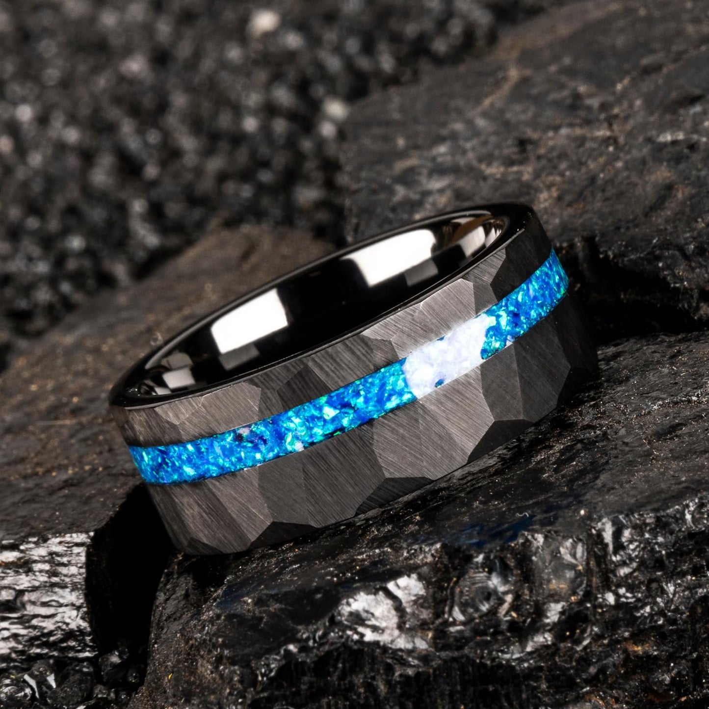 JEWPER 8mm Men Womens Wedding Band Tungsten Rings Black Blue Hammer pattern Fashion Promise Carbide Inlaid Opal Matte Finish Edge Comfort Fit Size(12)
