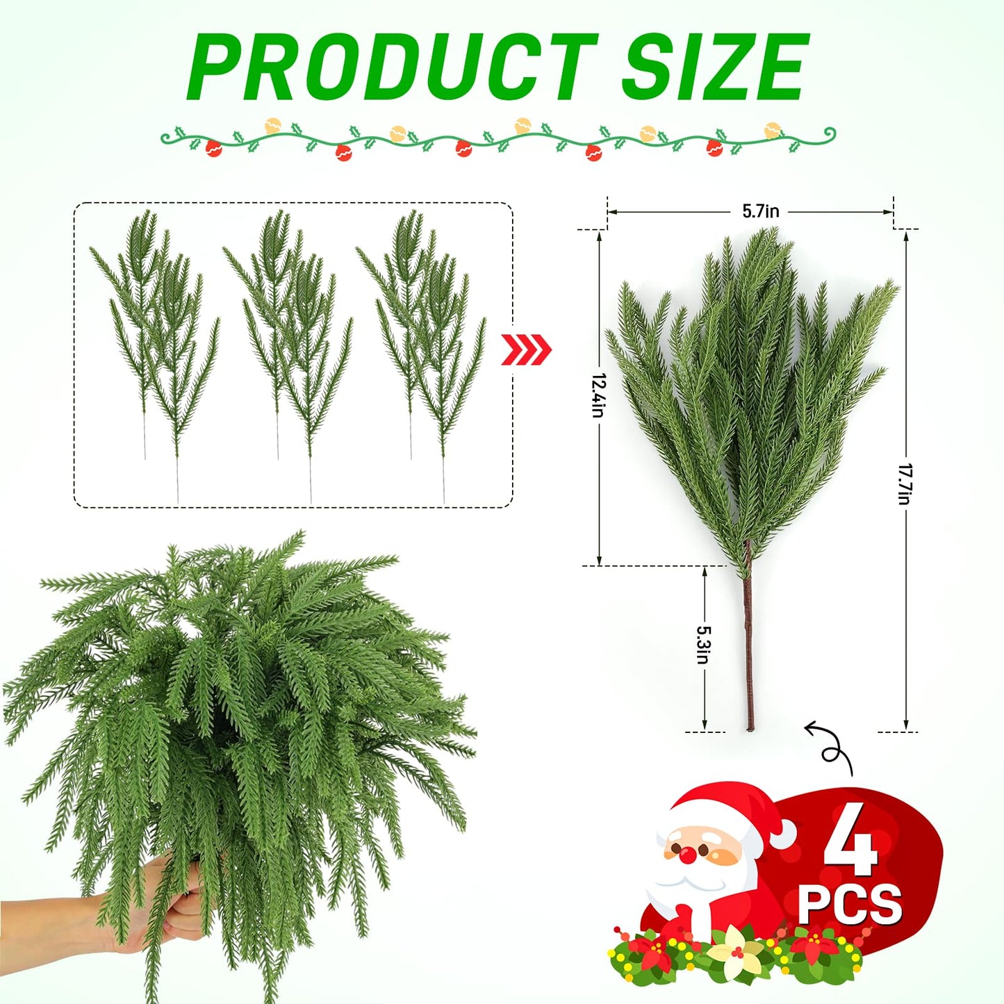 Real Touch Christmas Norfolk Pine Branches -18" Artificial Pine Branches Green Plants Branches for Holiday Floral Arrangements, Wreaths, Craft DIY and Home Xmas Decorations (4PCS(24 sprigs))