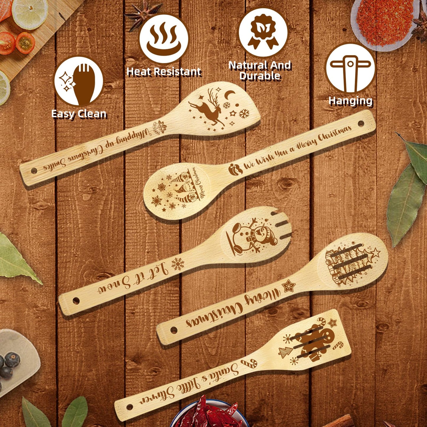 Christmas Cooking Spoons Set with Canvas Bag, 5Pcs Bamboo Non-Stick Cooking Utensils, Kitchen Accessories Housewarming Gift for Friend Women Men, Funny Thanksgiving Christmas Gift for Mom Dad