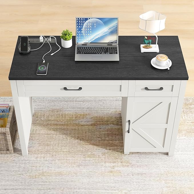 Vabches Farmhouse 47" Executive Desk, Computer Desks with Drawers and Storage Cabinet, Workstation Computer Desk for Home Office, Study.(Black).
