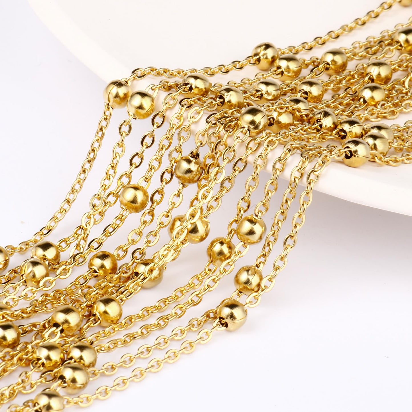33 Feet Gold Satellite Bead Chains Roll, 2mm 18K Gold PVD Plated 304 Stainless Steel Ball Beaded Cable Link Chains Spool Bulk for Jewelry Making DIY Craft