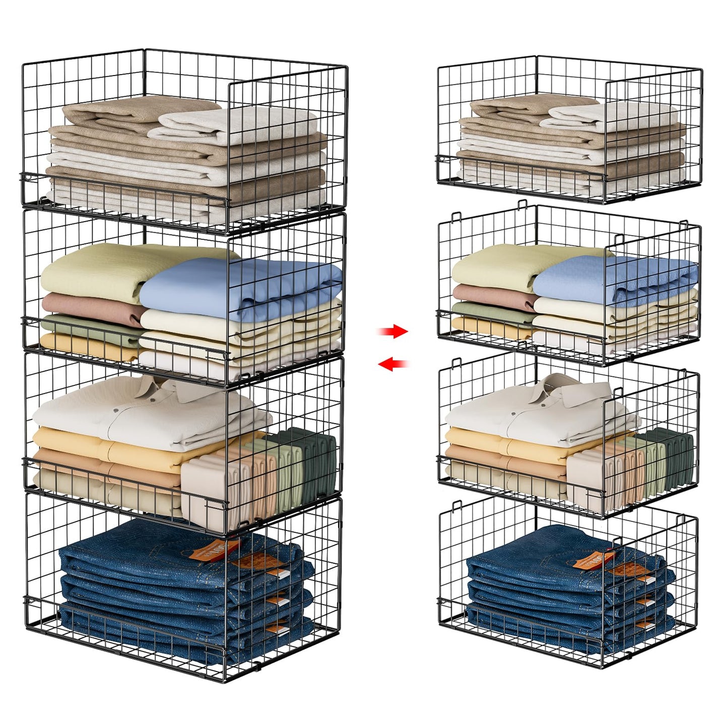 Yociyoga 4-Tier Stackable Closet Organizers and Storage Shelves, Foldable Closet Shelf Organizer, Black(Patent Protection)(Patent No. 30022416)