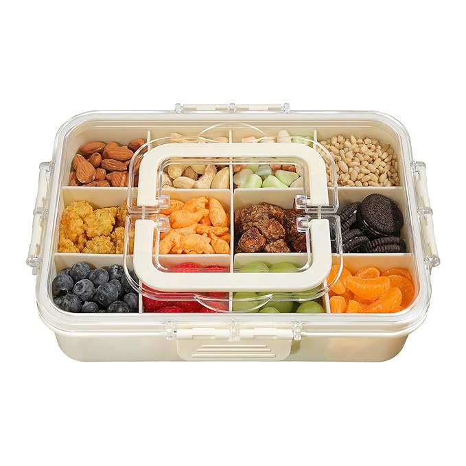 Snack Box Container for Kids - Adjustable 12-Compartment Snack Containers, Reusable Bento Box, Dishwasher Safe, BPA-Free, Perfect for School, Travel, Camping & Picnic, Ivory White