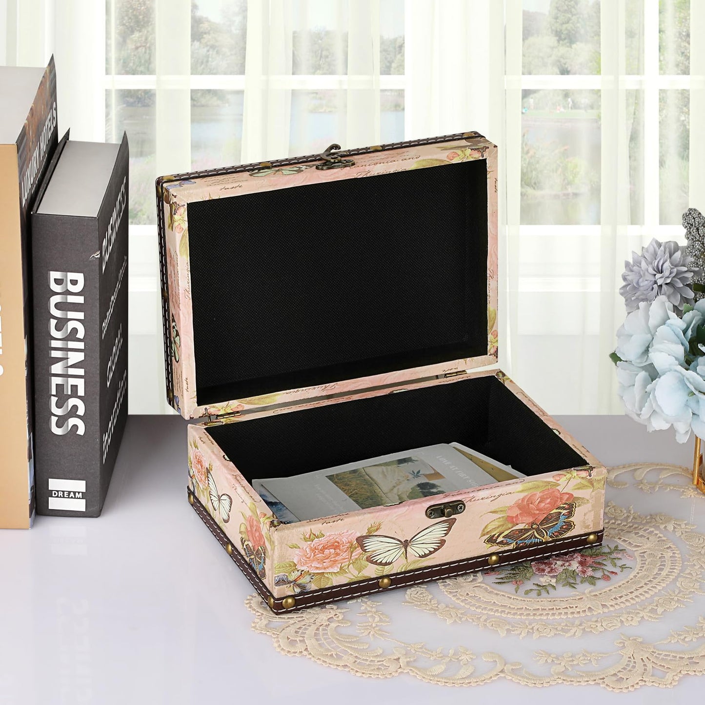 ELLDOO Butterfly Treasure Chest Box, Wooden + PU Leather Storage Decorative Box for Jewelry Trinkets Photos, Rectangular Keepsakes Box for Girls Women Gifts