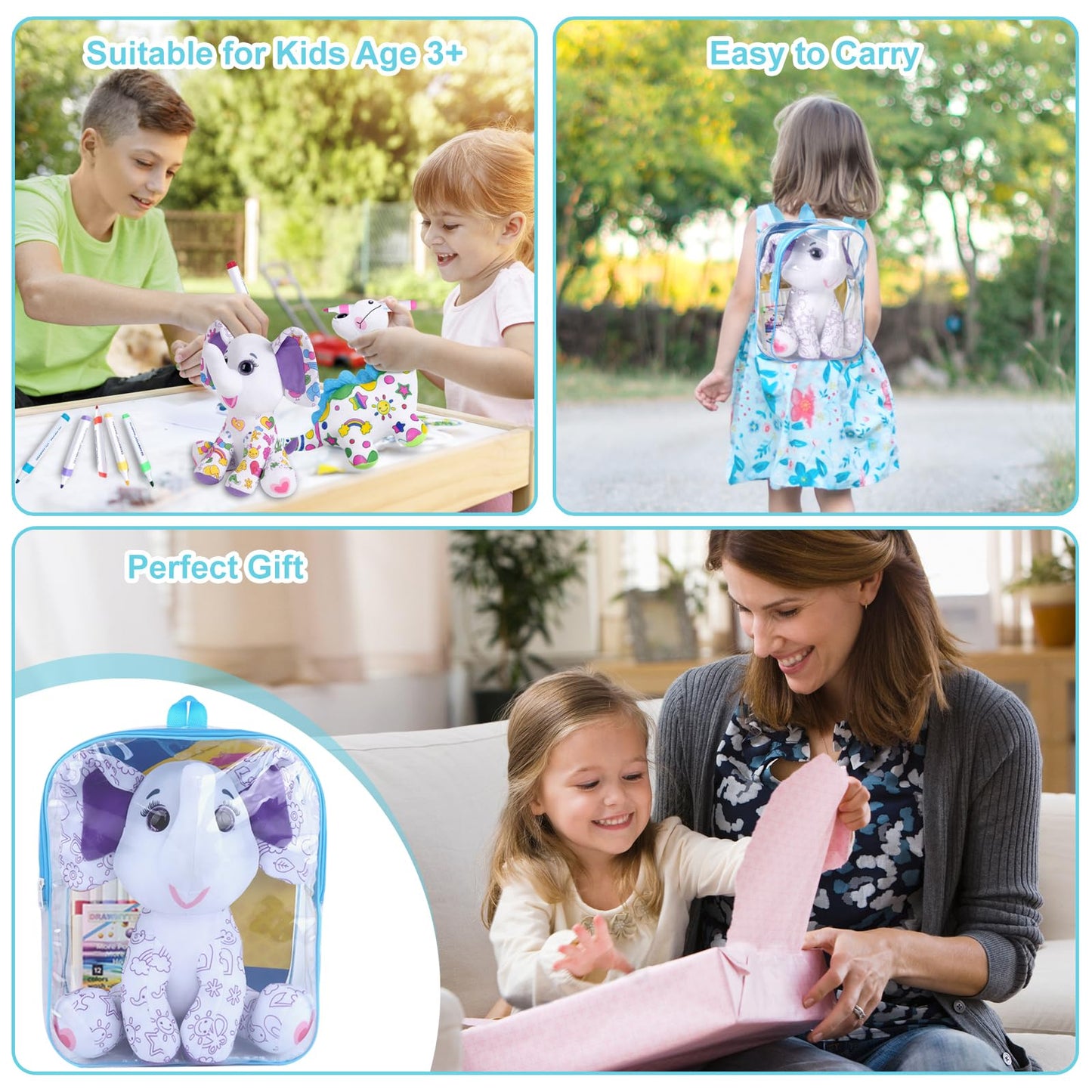 DRAWMYTOY DIY Coloring Plush Toy with Washable Markers, Scribble Pets Stuffed Animal, Doodle Dolls Art Toy for Boys and Girls Ages 3-8, Birthday Gift (Elephant)