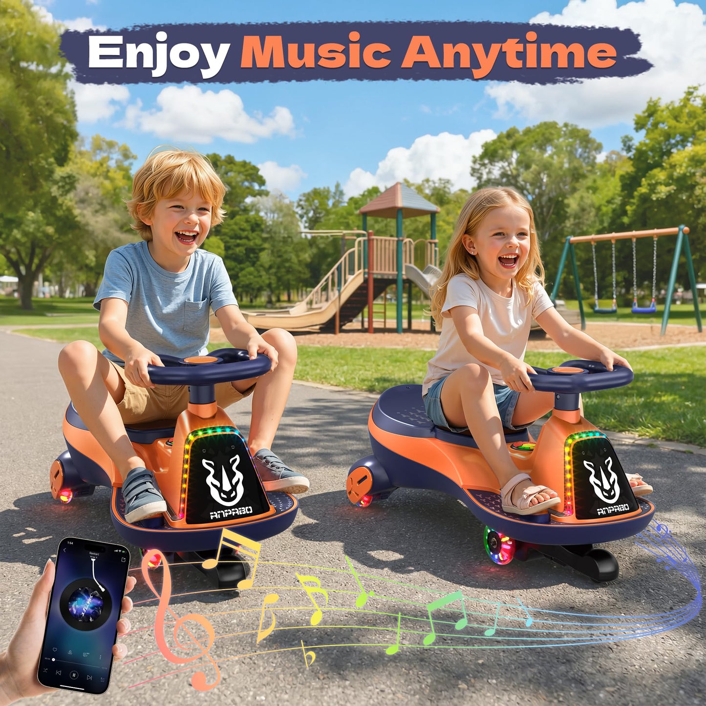 ANPABO 12V Electric Wiggle Car with Pedals, 2 Seater, 2x75W Motor, Music & Bluetooth, Ride On Toy for Kids Ages 3+, 170 Lbs, Orange
