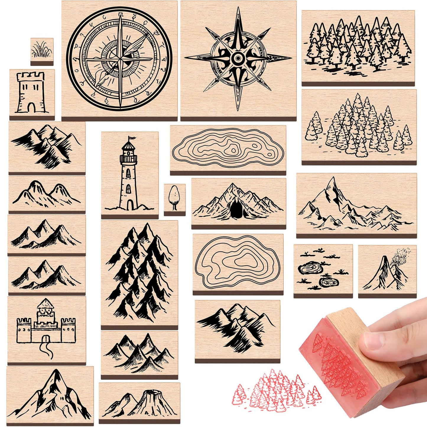 Marspark 24 Pcs Compass Mountains Stamp Combo Map Making Rubber Stamp Kit Compass Outdoor Scenery Stamps for RPG Adventures, Storytelling, and Creative Projects