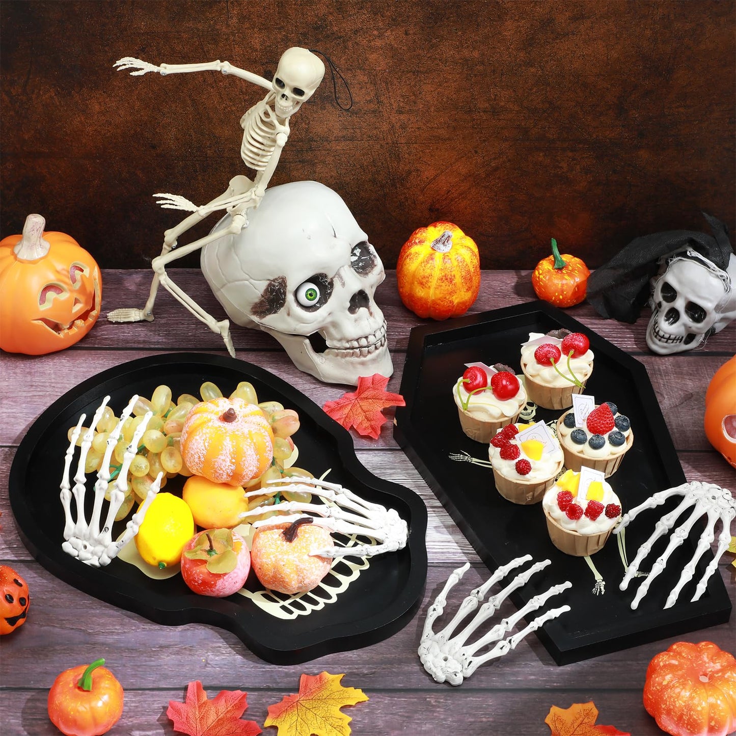 Zhehao 4 Pcs Halloween Serveware Supplies Wooden Coffin Ghost Charcuterie Board Cheese Board Serving Platter Snack Trays with Plastic Skeleton Hands Dinnerware Cookware for Home Party Dinnerware
