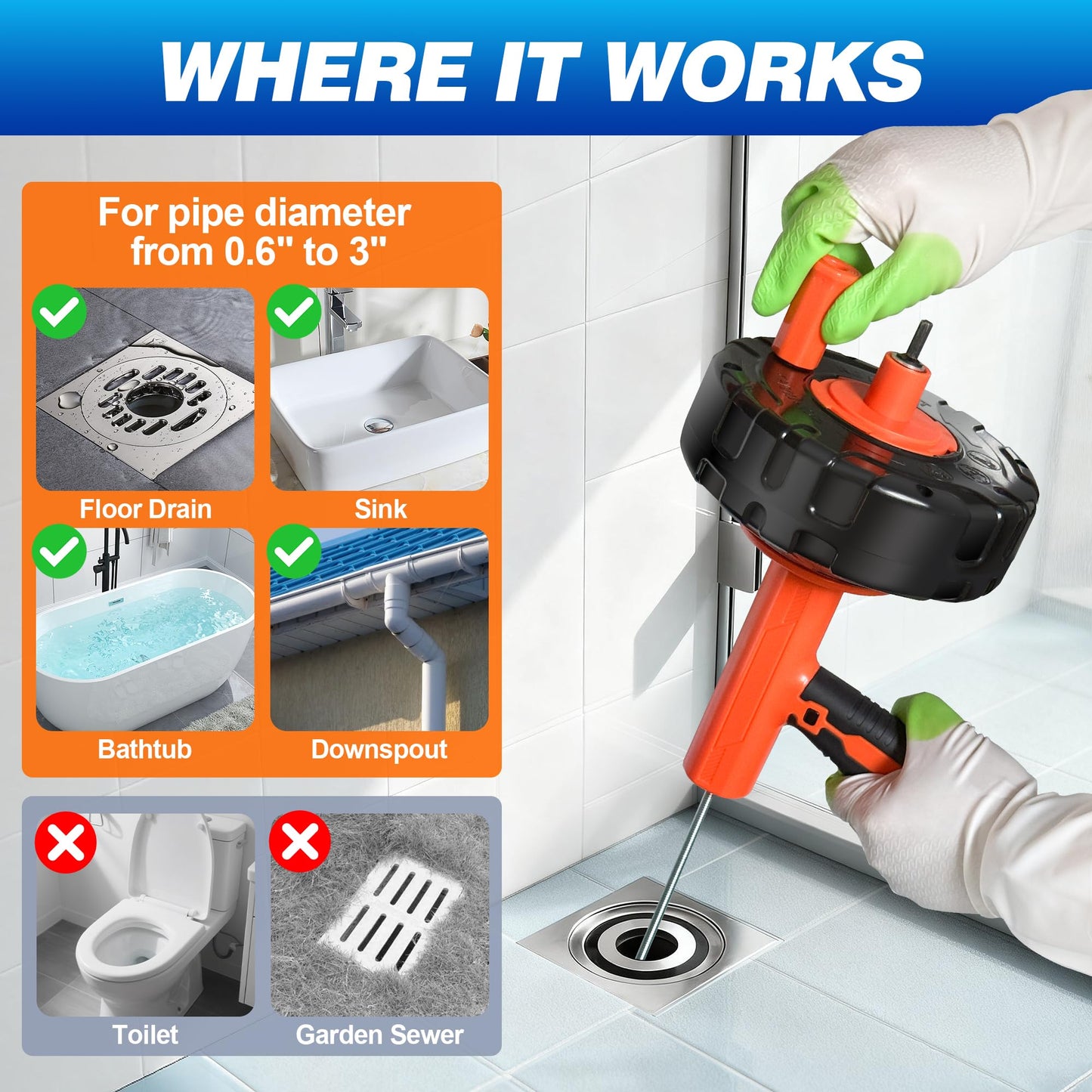 Drainsoon Auto Feed Drain Auger with Drill Adapter, 33 Feet Drain Snake Hair Clog Remover, Manual or Powered Plumbing Snake Drain Cleaner for Bathroom, Shower, Kitchen Sink, Comes with Gloves