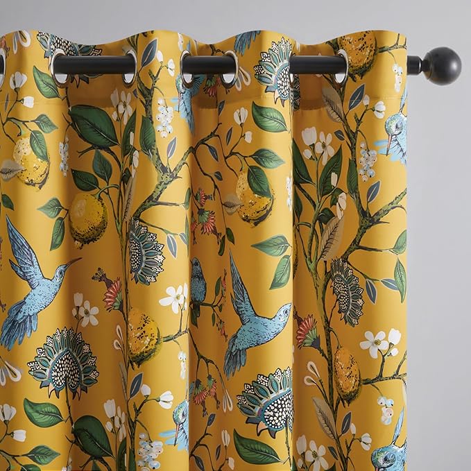 Topfinel 102 Inches Long Mustard Yellow Luxury Curtains for Living Room Bedroom, Blackout Vintage Art Deco Victorian Curtains Floral Lemon Hummingbird Printed Grommet Drape 102 Inch Length