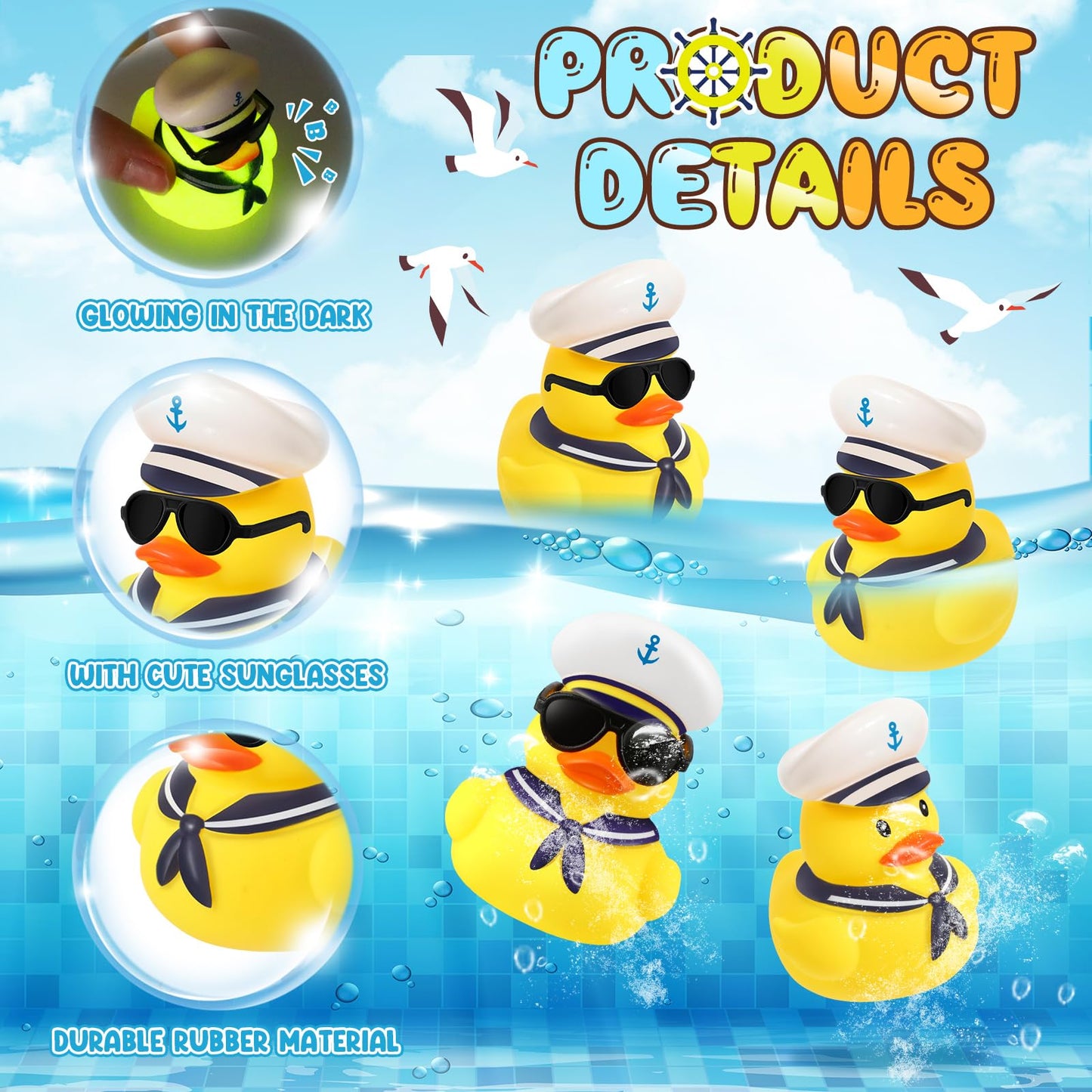 Simgoing 24 Pcs Glow in The Dark Cruise Duck Bulk with Sunglasses for Cruise Ship Tiny Rubber Sailing Ducks Squeaky Nautical Bath Floating Toy for Birthday Party Baby Shower Prize Carnival Gift