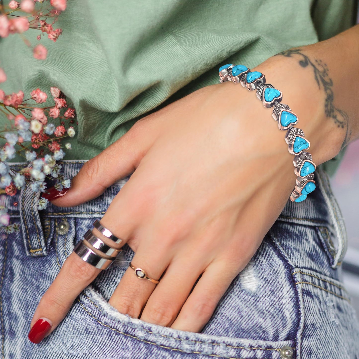 EnerCoppeX Copper Magnetic Bracelet for Women, Turquoise Detox Jewelry with 3500 Gauss Magnet (Type E)