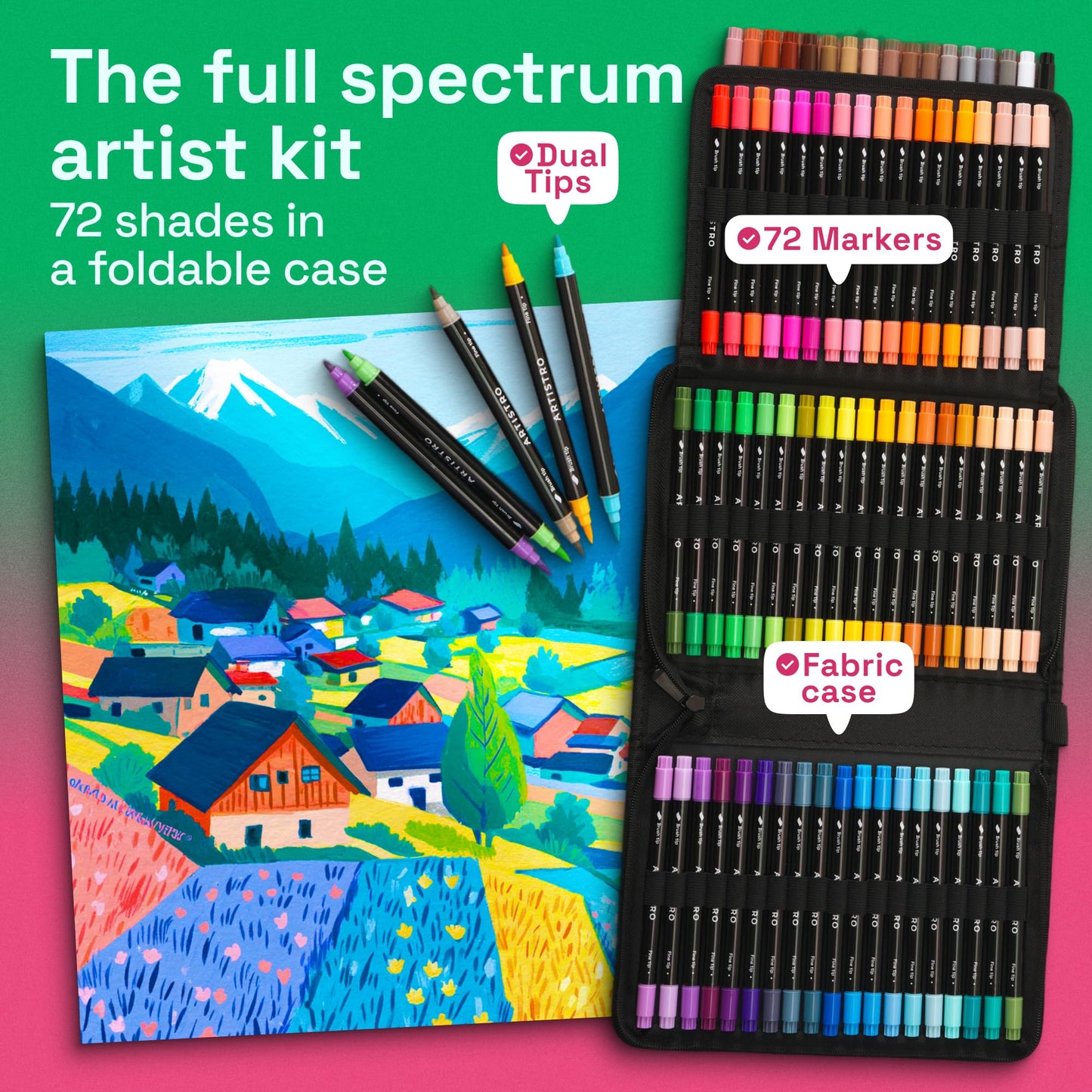 ARTISTRO Acrylic Paint Pens With Storage Bag for Calligraphy - Markers With Brush and Fine Precision Tips - Multisurface Painting for Fabric, Rock, Glass, and More (72 Markers, Dual Tip Brush + Fine)