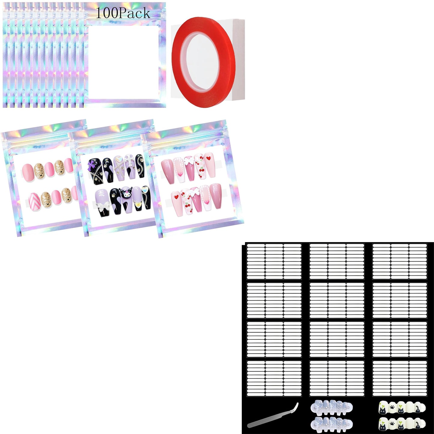213 Pcs Empty Holographic Nail Storage Bag Press on Nail Packaging Bag with 1 Roll Transparent Tape and 12 Sheets Double Sided Nail Tape for Nail Art Display Salon Supplies