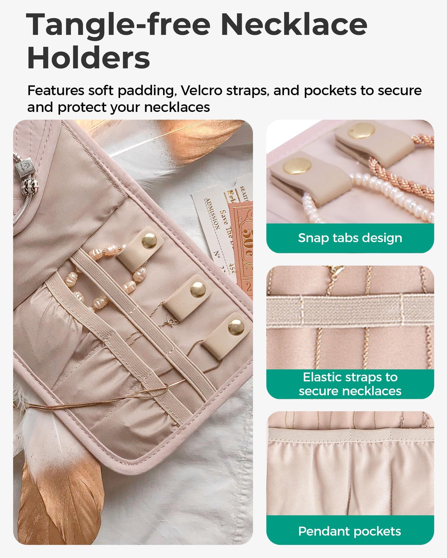 BAGSMART Travel Jewelry Organizer Case A Initial Foldable Jewelry Roll for Journey Rings, Necklaces, Earrings, Bracelets,Mini,Letter A,Soft Pink