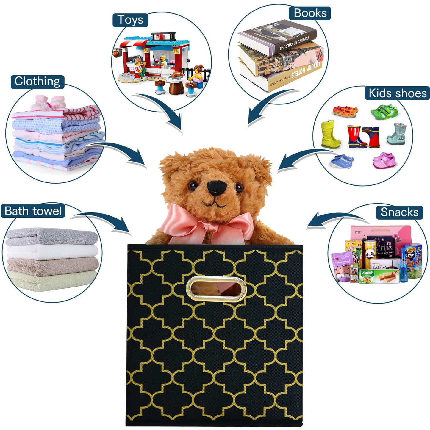 Yunkeeper Fabric storage bins Cubes, Fabric Cube Organizer with Handle, Foldable Cube Bins for Cloth or Accessary Storage, 11x11x11, Set of 3, (Black Gold)