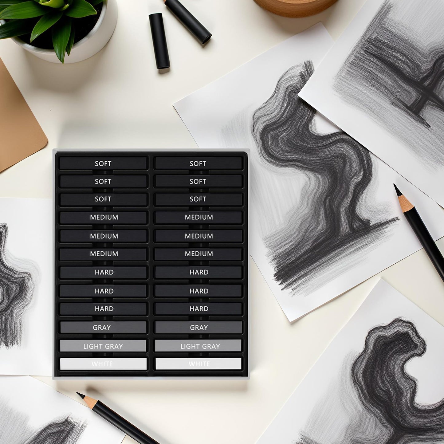 Dlicoda 24 Pcs Compressed Charcoal Sticks with Soft, Medium, Hard and White Charcoal, Square Vine Charcoal Stick Kit for Drawing, Sketching and Shading, Art Supplies for Artists Beginners