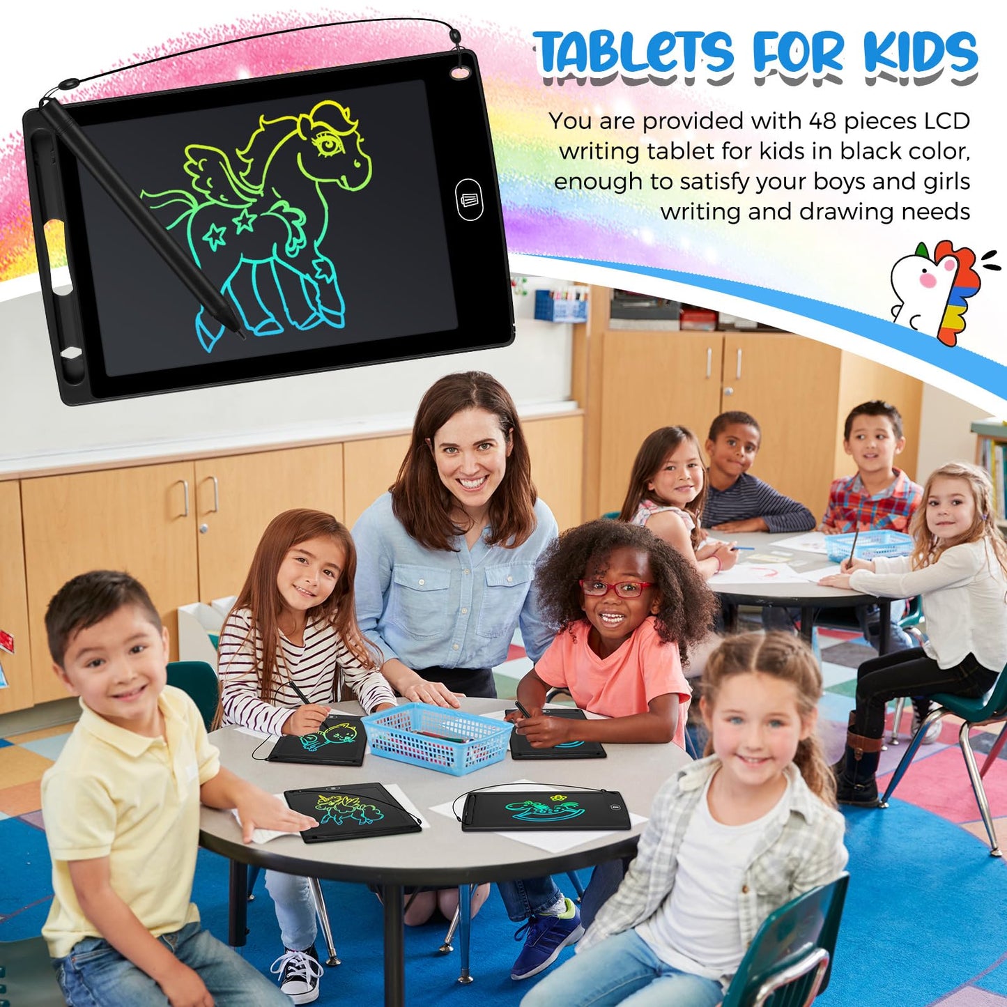 Zhehao 48 Pieces LCD Writing Tablet for Kids 8.5 Inch Doodle Pads Bulk Erasable Drawing Doodle Board Drawing Pads Learning Toy for Valentine Easter Gift Boys Girl Age 3-10(Black)